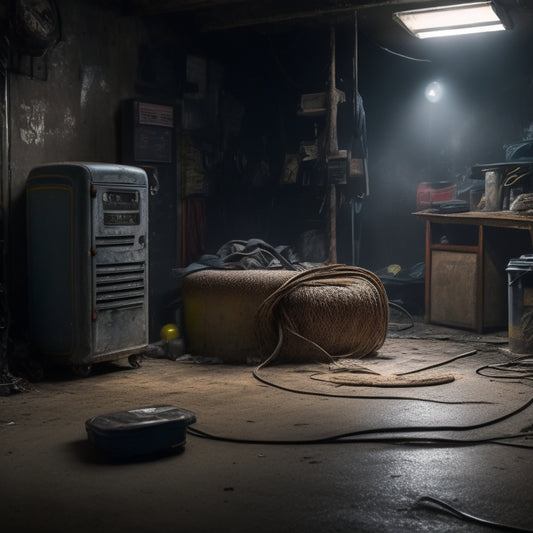 A cluttered, dimly lit garage with a neglected EV charger in the corner, surrounded by cobwebs, dust, and rust, with a worn-out cable and a faded, cracked charging station screen.