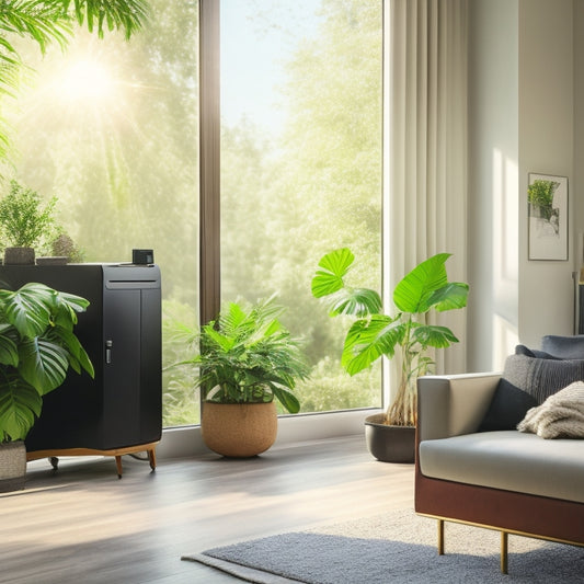 A serene living room with a sleek, modern solar-powered air purifier in the corner, surrounded by lush green plants and a few subtle sunbeams streaming through the window.