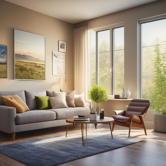 A modern living room with a large window showing a sunny day outside, a smart thermostat on the wall displaying a gentle temperature curve, and a subtle temperature gradient overlay on the room's atmosphere.
