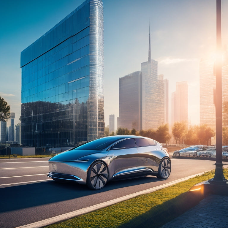 A futuristic, sleek, silver car with a shiny, black solar panel roof, parked in a modern, urban cityscape with a bright blue sky, surrounded by minimalist, white buildings and lush greenery.