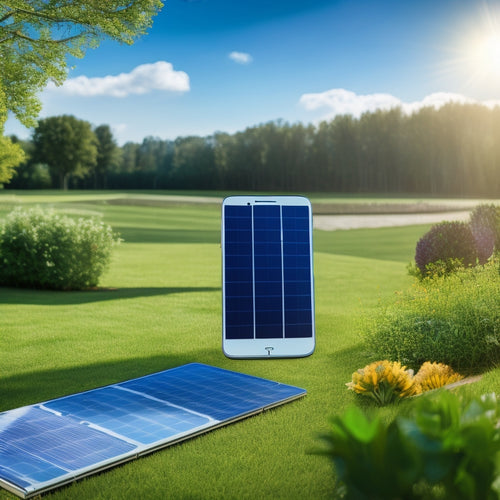 A smartphone screen displaying a sunny backyard with solar panels, surrounded by lush greenery, with a subtle grid of data charts and graphs overlaying the scene, conveying monitoring and tracking.