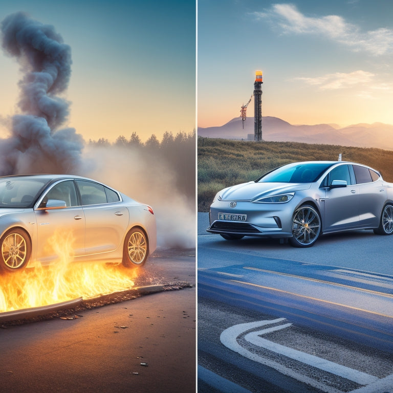 A split-screen image with a sleek, silver electric vehicle on the left, surrounded by falling coins and a decreasing graph, opposite a traditional gas-powered car on the right, surrounded by rising flames and an increasing graph.