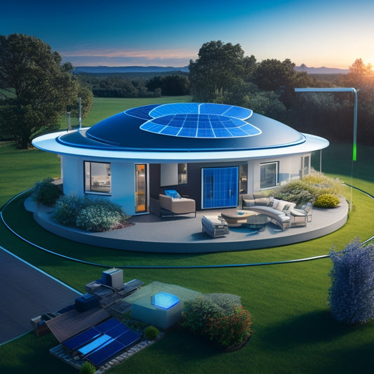 A futuristic illustration of a smart home setup with solar panels on the roof, a wind turbine in the backyard, and a sleek, circular power strip with glowing blue circuits and LED indicators.