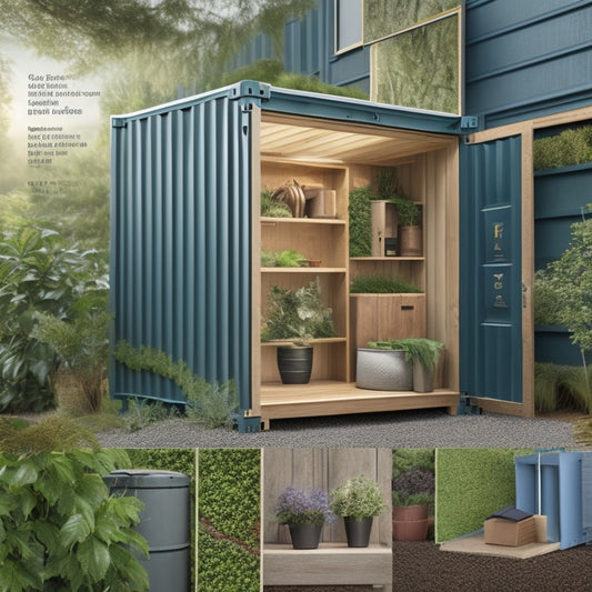 A cutaway illustration of a shipping container home's wall, showcasing various green insulation materials, including recycled denim, wool, and foam boards, amidst a natural, earthy background with vines and leaves.