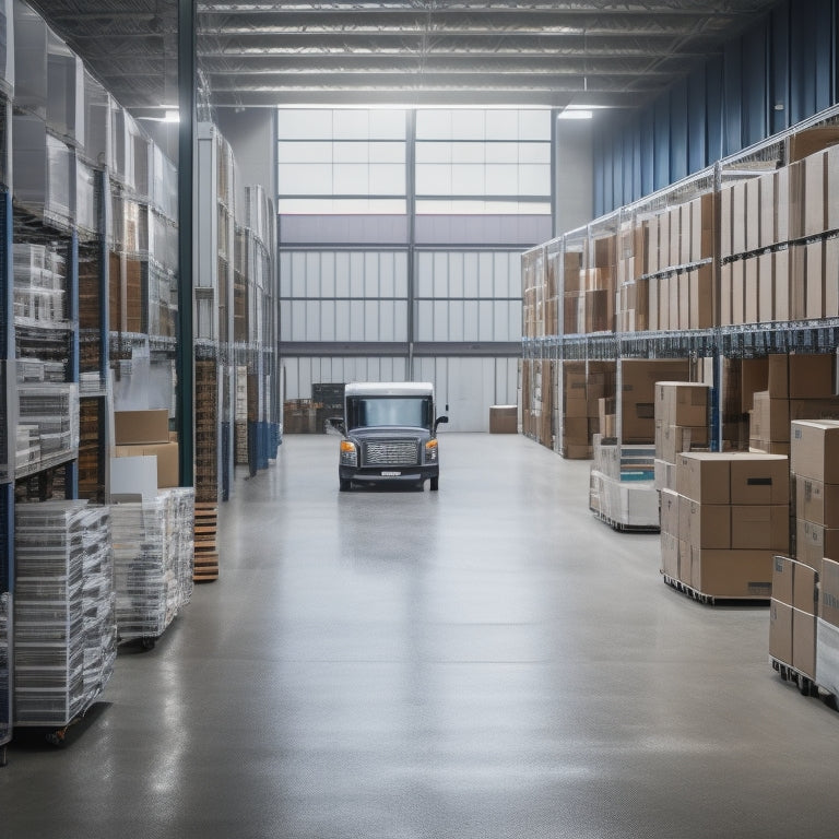 A sleek, modern warehouse with rows of shelves stocked with various vehicle panels, a fleet of vans and trucks in the background, and a laptop on a nearby desk with an online shopping cart open.