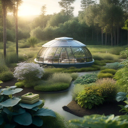 A futuristic, sustainable backyard with a solar-powered greenhouse, vertical hydroponic garden, and a rainwater harvesting system, surrounded by lush greenery and a modern, eco-friendly home in the background.