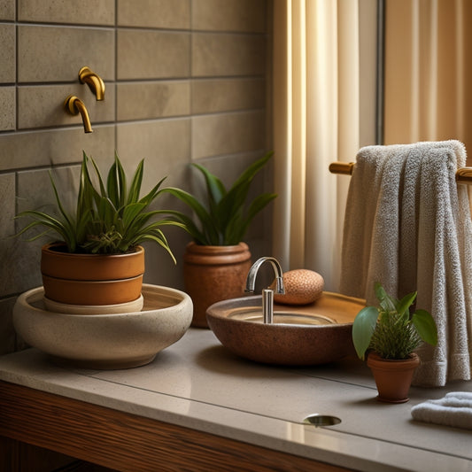 A serene, earthy-toned bathroom scene featuring a sink with a small potted plant, a bamboo towel rack, and a natural stone countertop with a small, earthenware drain cover.