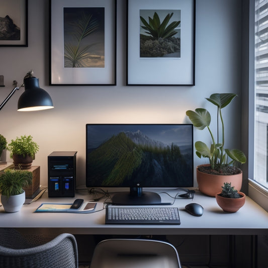 A modern home office with a programmable power strip plugged into a wall outlet, controlling a desktop computer, monitor, and lamp, surrounded by scattered papers and a few potted plants.