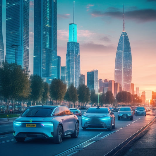 A futuristic cityscape at dusk with sleek, modern electric vehicles in various colors parked along a clean, green-lined street, surrounded by sleek skyscrapers and neon lights.