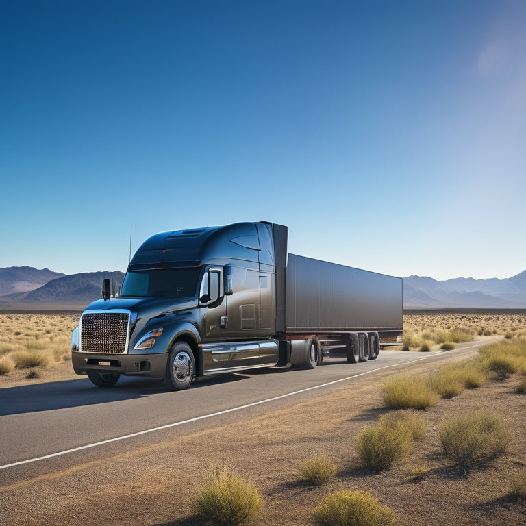 A commercial truck parked in a sunny open space, with a sleek, black solar panel system installed on its roof, with shiny metallic frames and sleek connectors.