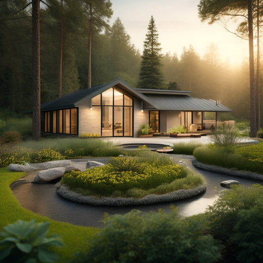 A serene, modern home surrounded by lush greenery, with visible underground pipes and a subtle, glowing warmth emanating from the earth, symbolizing a sustainable and eco-friendly geothermal system.
