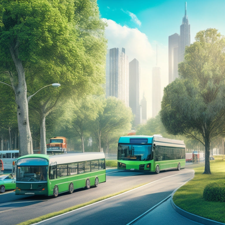 An illustration of a cityscape with a mix of electric and hybrid vehicles, including buses, trucks, and cars, amidst lush greenery, with a subtle hint of a government building in the background.