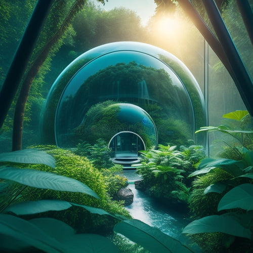 A futuristic, sleek building with undulating green walls and a curved glass façade, surrounded by lush vegetation, with tiny, spherical air sensors suspended from the ceiling, emitting soft, pulsing blue light.