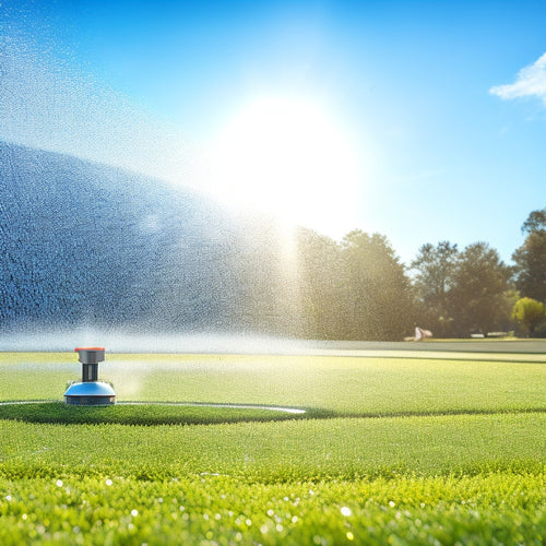 An illustration of a lush green lawn with a sprinkler system in the background, featuring a smart controller and sensors, surrounded by water droplets and energy-efficient icons, set against a sunny blue sky.