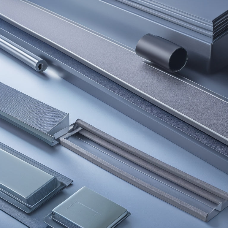 A close-up of various vehicle roofing systems' components, including sleek black rails, silver clamps, and matte-finish panels, arranged on a clean white background, with subtle shadows and soft focus.