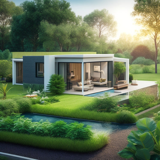A modern, eco-friendly home with a lush green garden, featuring a smart irrigation system with sensors and a touchscreen control panel, surrounded by water-efficient plants and a rainfall harvesting tank.