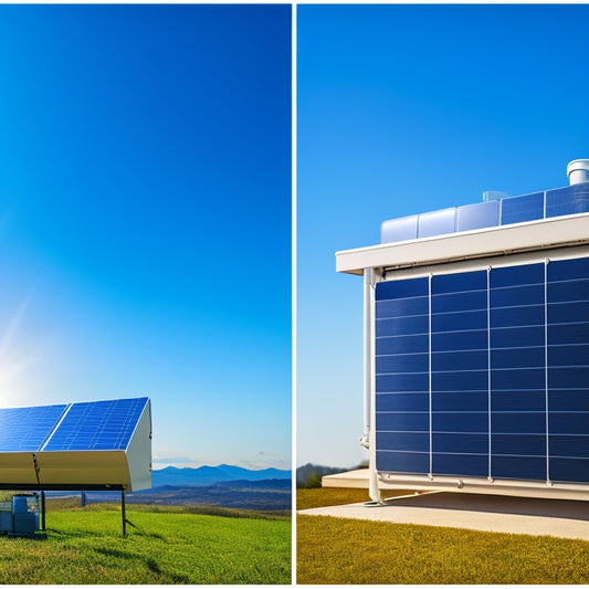 A split-screen image: a modern heat pump unit installed on a sleek rooftop on the left, and a solar water heater panel with visible tubes and pipes on the right, set against a clear blue sky.