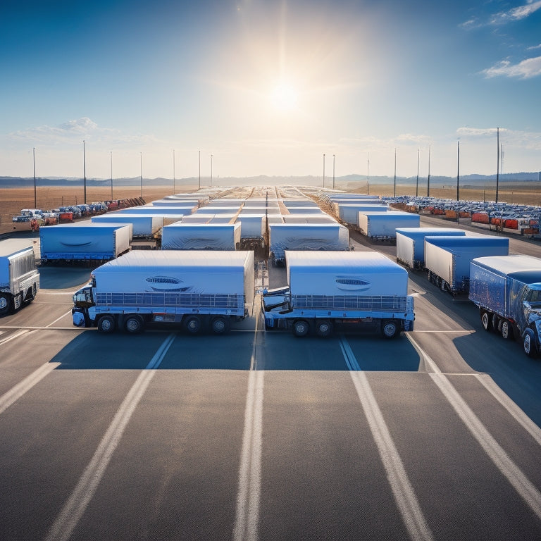 A dramatic, high-contrast image depicting a row of commercial trucks parked in a sunny, open lot, each truck's roof or hood mounted with a sleek, modern solar panel, with cables and wires neatly organized.