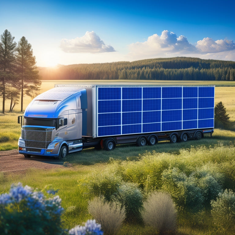 A photorealistic image of a semi-truck parked in a sunny rural area, with a solar panel array installed on the trailer's roof, connected to a refrigeration unit, surrounded by cargo containers and lush greenery.