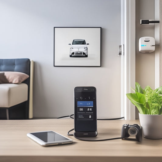 An illustration of a smart plug connected to an electric vehicle charging station, surrounded by a calendar and clock, with charging cables and a smartphone in the background, set against a clean, modern home interior.