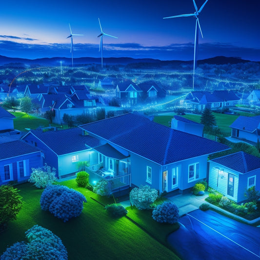 An illustration of a neighborhood with houses connected by glowing blue lines, representing energy sharing, surrounded by greenery and a few wind turbines in the background.