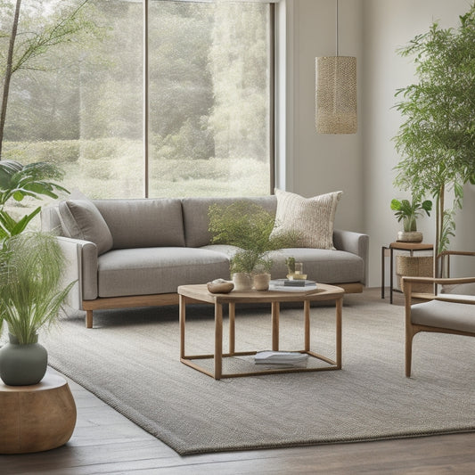 A serene, minimalist living room with a reclaimed wood coffee table featuring a natural oil finish, surrounded by lush greenery and a few carefully placed, sustainable fabric-upholstered armchairs.