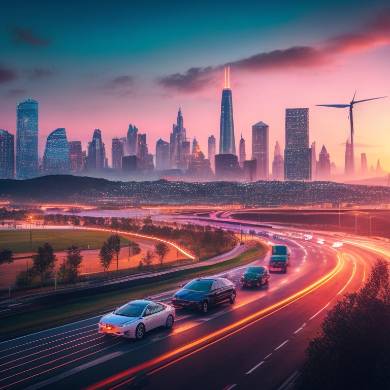 A futuristic cityscape at dusk, with sleek electric vehicles zooming by, surrounded by neon-lit skyscrapers, wind turbines, and solar panels, with a subtle glow of electric circuits in the background.