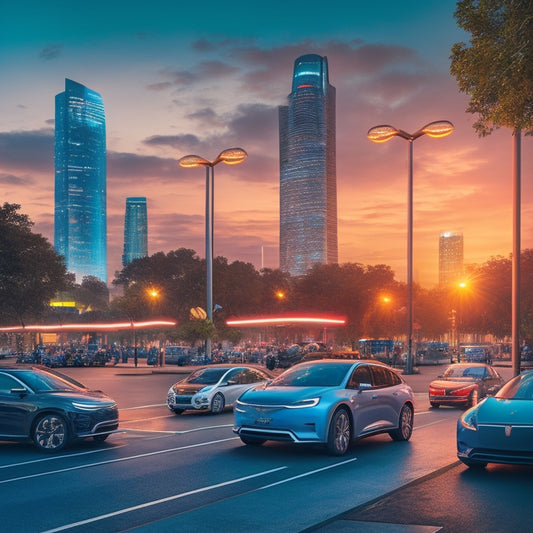 An illustration of a futuristic cityscape at dusk, with sleek, curved EV charging stations lined along a bustling street, humming with energy-efficient LED lights, surrounded by electric vehicles in various stages of recharge.