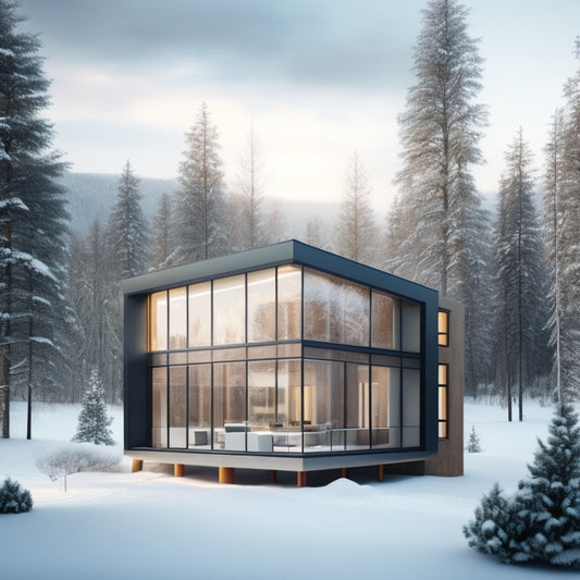 An illustration of a modern, minimalist passive house with large, triple-glazed windows, surrounded by lush greenery, with a subtle background of a snowy winter landscape, conveying energy efficiency.