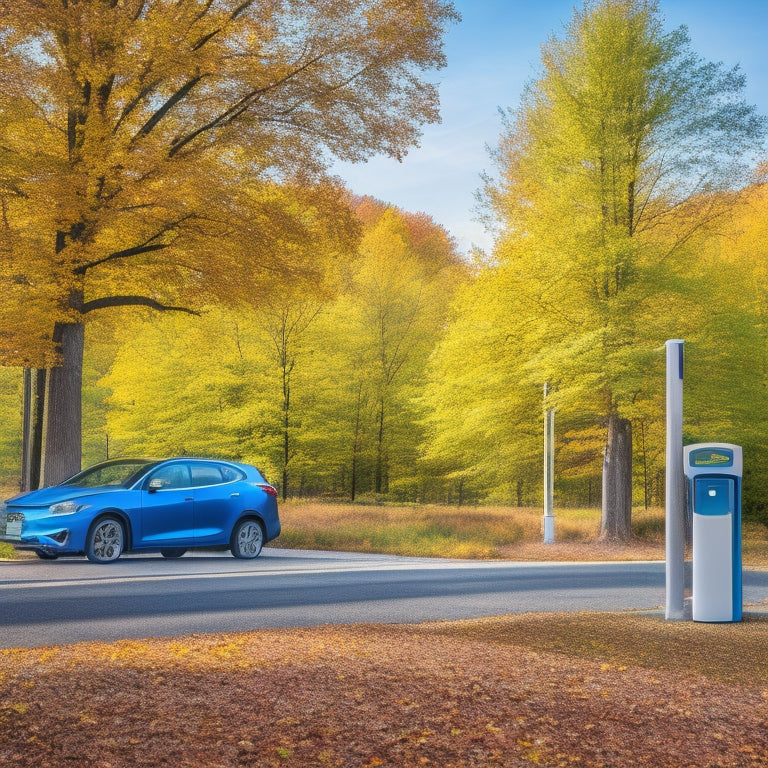 A scenic Connecticut roadside with a sleek, silver electric vehicle charging at a station, surrounded by fall foliage, with a subtle gradient of blue and green hues evoking eco-friendliness and innovation.