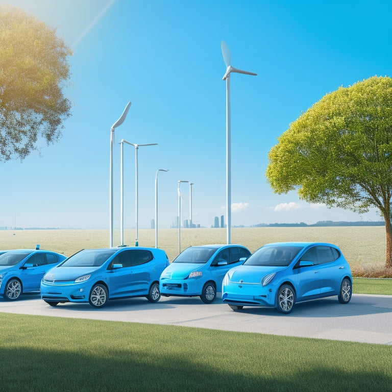 A stylized illustration of a fleet of electric vehicles, with dollar signs and green leaves surrounding them, set against a bright blue background with a subtle grid pattern, conveying growth and sustainability.