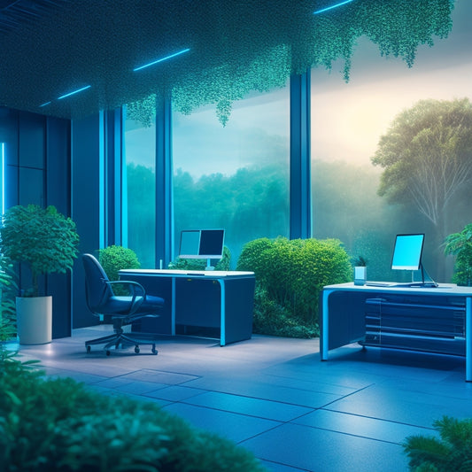 An futuristic office landscape with sleek, minimalist desks and chairs, surrounded by lush greenery, featuring a prominent electric vehicle charging station with glowing blue lights and a network of wires.