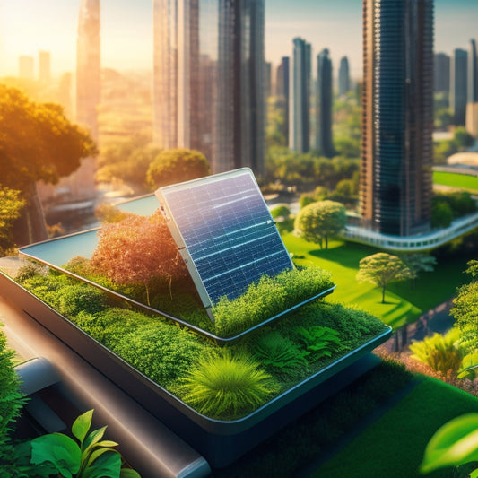 A futuristic illustration of a sustainable cityscape with green roofs, vertical gardens, and solar panels, featuring a smartphone screen displaying a urban farming app amidst lush foliage and energy-efficient homes.