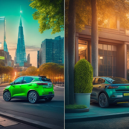 A split-screen image featuring a used electric vehicle (EV) in a cityscape with a green glow, alongside a background of recycling symbols, leaves, and faint grid patterns, conveying eco-friendliness and sustainability.