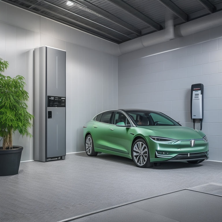 An electric vehicle parked in a modern garage, with a sleek EV charger installed on the wall, surrounded by sleek lines, clean design, and a subtle eco-friendly green accent color.