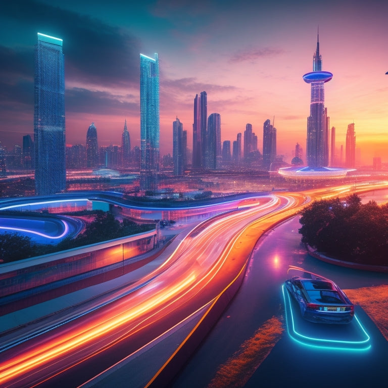 Illustrate a futuristic cityscape at dusk, with sleek, curved skyscrapers and flying cars zipping by, while electric vehicles and hyperloops connect cities, amidst a backdrop of glowing circuit boards and neon lights.