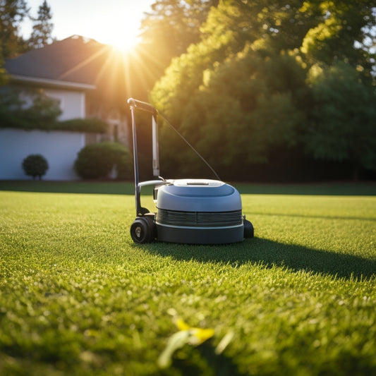 A serene, sunlit suburban lawn with a few scattered leaves, featuring a neatly placed electric dethatcher with its cord wrapped around its handle, surrounded by a few freshly cut grass clippings.