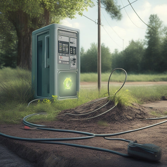 An illustration of a commercial electric vehicle station with tangled cords, sparks flying from faulty outlets, and a cracked concrete foundation, surrounded by litter and weeds.