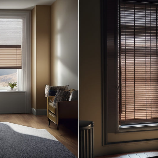 A split-screen image: on the left, a window with fully closed dark-colored blinds, casting a shadow on the floor; on the right, the same window with partially open light-colored blinds, allowing sunlight to illuminate the room.