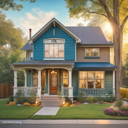 An illustration of a charming vintage home with a mix of original architectural details (wooden shutters, ornate facade) and modern, eco-friendly HVAC upgrades (solar panels, sleek vents, energy-efficient windows).