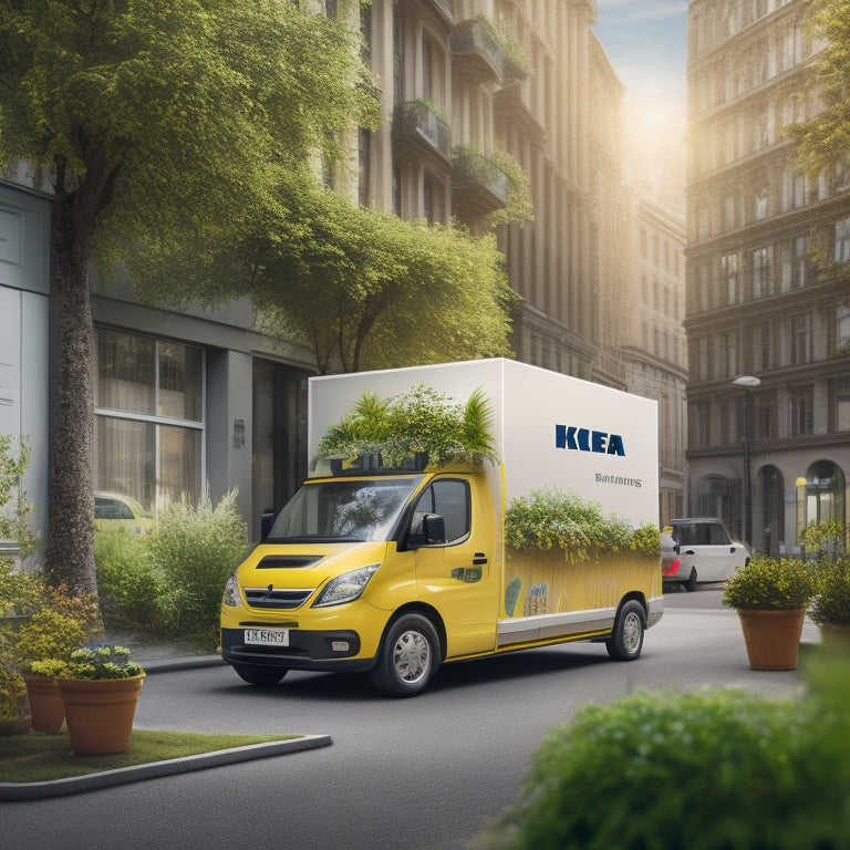 A stylized illustration of an IKEA delivery van replaced with an electric vehicle, driving through a cityscape with greenery, surrounded by subtle eco-friendly elements like leaves and birds.