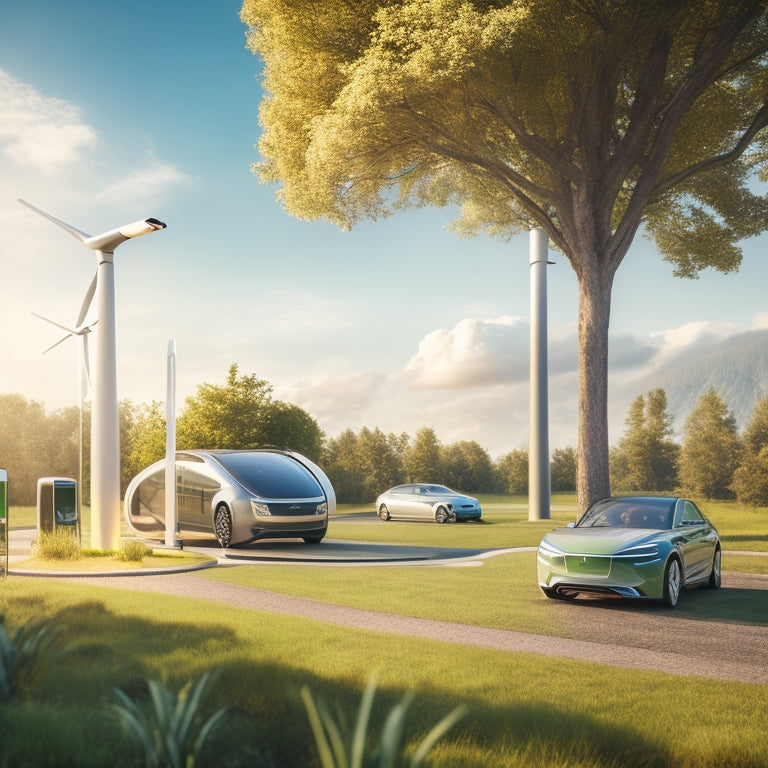 A futuristic EV charging station amidst a lush green landscape, with sleek solar panels and a wind turbine in the background, surrounded by electric vehicles of varying models and colors.