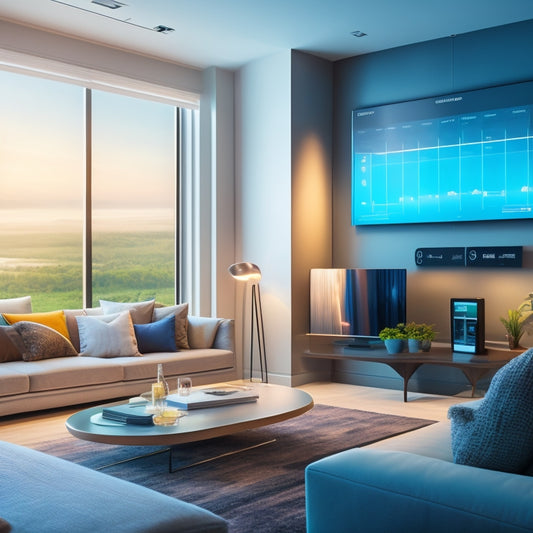 A futuristic living room with a large, wall-mounted touchscreen display showing real-time energy usage graphs, surrounded by smart devices and appliances, with subtle LED lights and sleek lines.