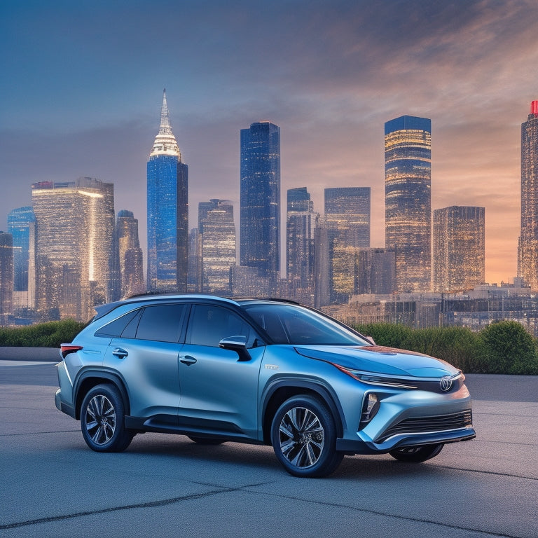 A futuristic, sleek silver Toyota electric SUV parked in front of a modern, minimalist charging station with a cityscape background at dusk, with vibrant blue and green hues.