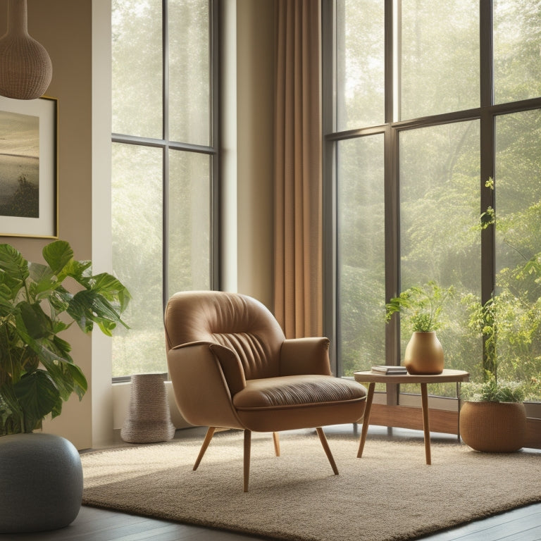 A serene and spacious living room with a Viva Lift Voya Chair, positioned in front of a large window, surrounded by lush greenery, with soft golden light and a calm atmosphere.