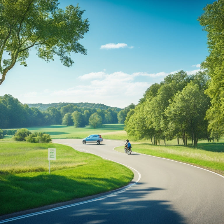 A serene landscape with a winding road, a few electric vehicles, bicycles, and pedestrians in the distance, surrounded by lush green trees and a bright blue sky with few white clouds.