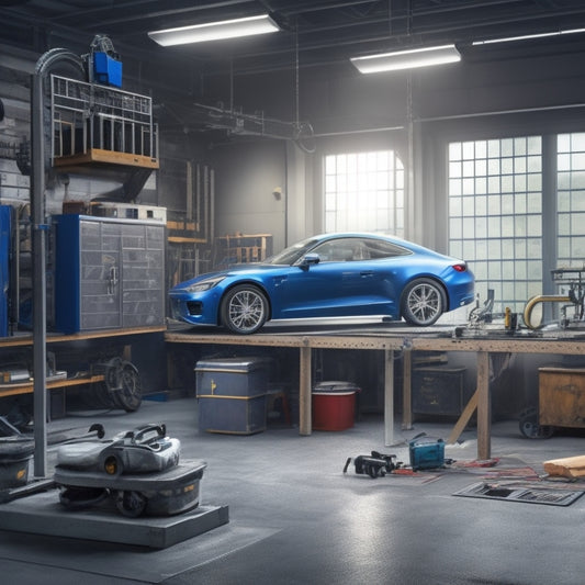 A 3D illustration of a 2-post lift in a garage or workshop setting, with various tools and car parts scattered around, and a subtle background of a blueprint with measurements and diagrams.