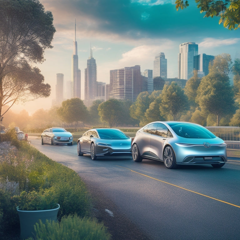 A futuristic cityscape with sleek, silver electric cars parked alongside a winding road, surrounded by lush greenery, with a subtle glow of charging stations in the background.