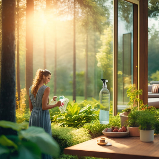 A serene, modern solar-powered home surrounded by lush greenery, with a subtle hint of sparkling water in the background, featuring a person gently cleaning a window with a refillable, eco-friendly spray bottle.