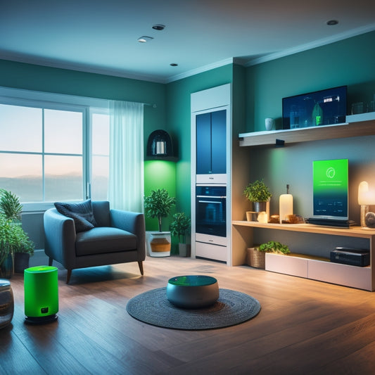 A modern smart home interior with a voice assistant speaker in the center, surrounded by energy-efficient appliances, LED bulbs, and a thermostat with a glowing green energy meter in the background.